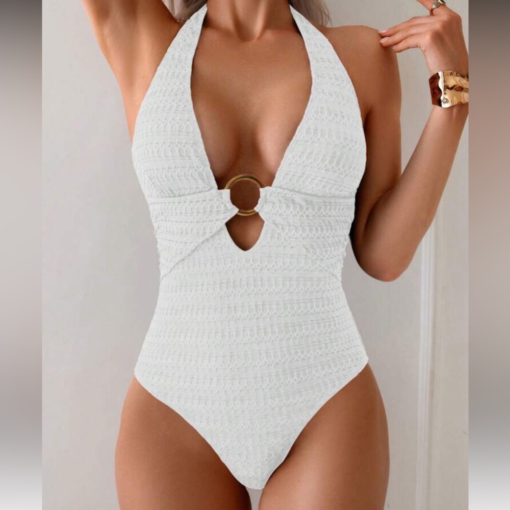 White Halter Swimsuit with Gold Ring Detail